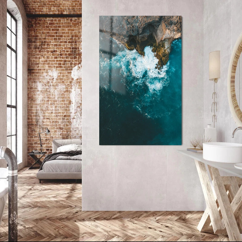 Vertical Aerial Shot Sea Waves Hitting Cliff