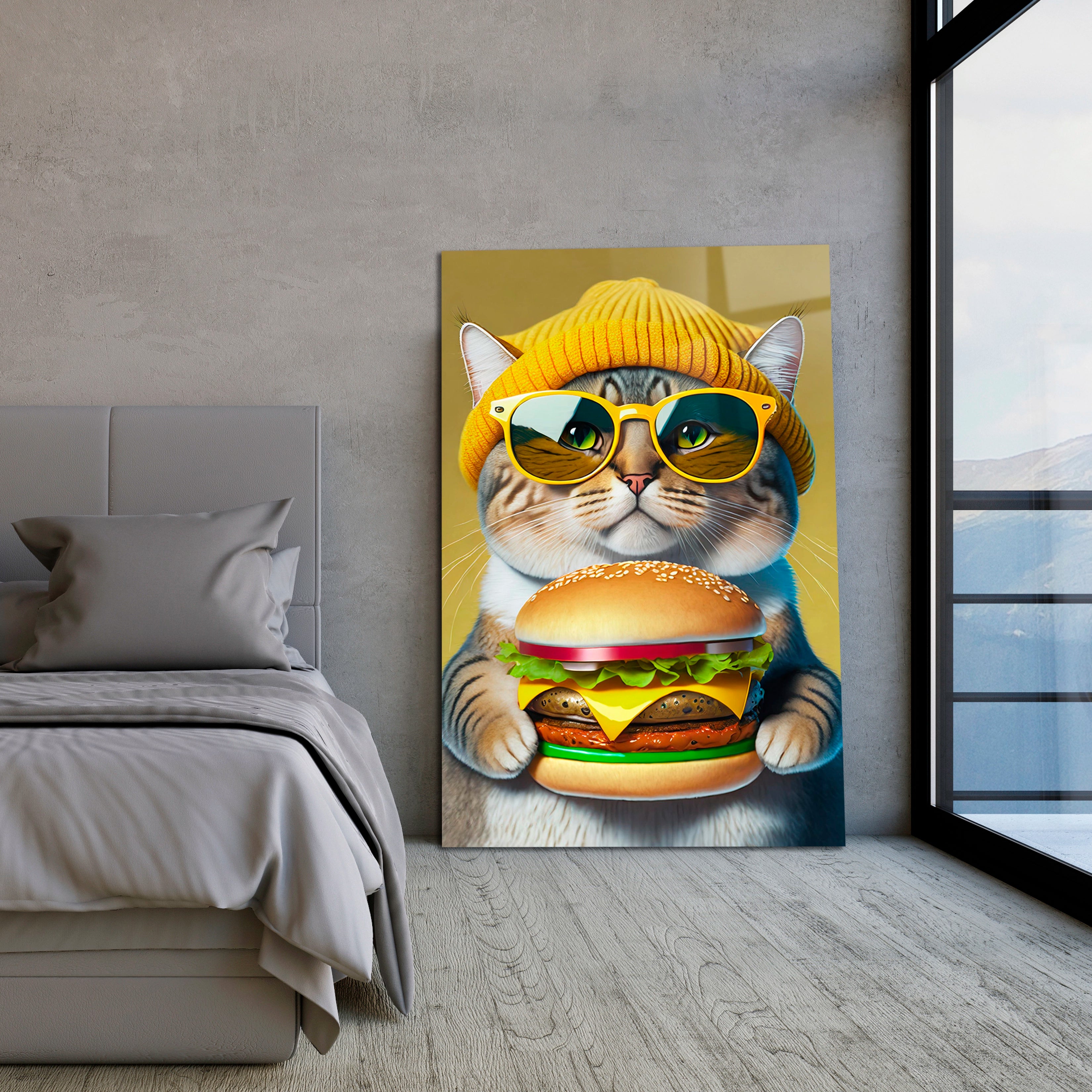 Cat Wearing a Yellow Beanie Wearing Sunglasses, Eating a Hamburger