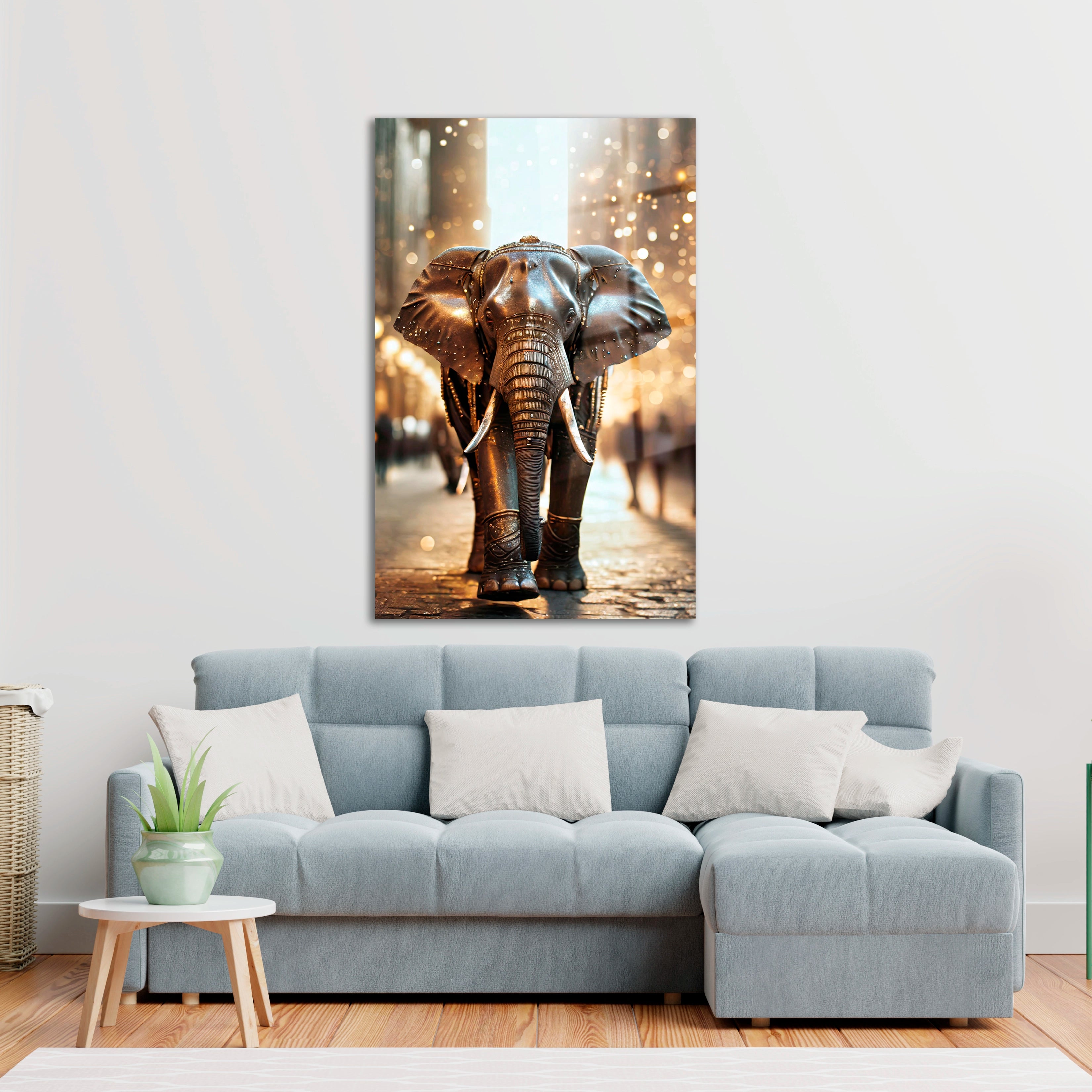 Firefly Iron Robotic Elephant Walking Down a City Street