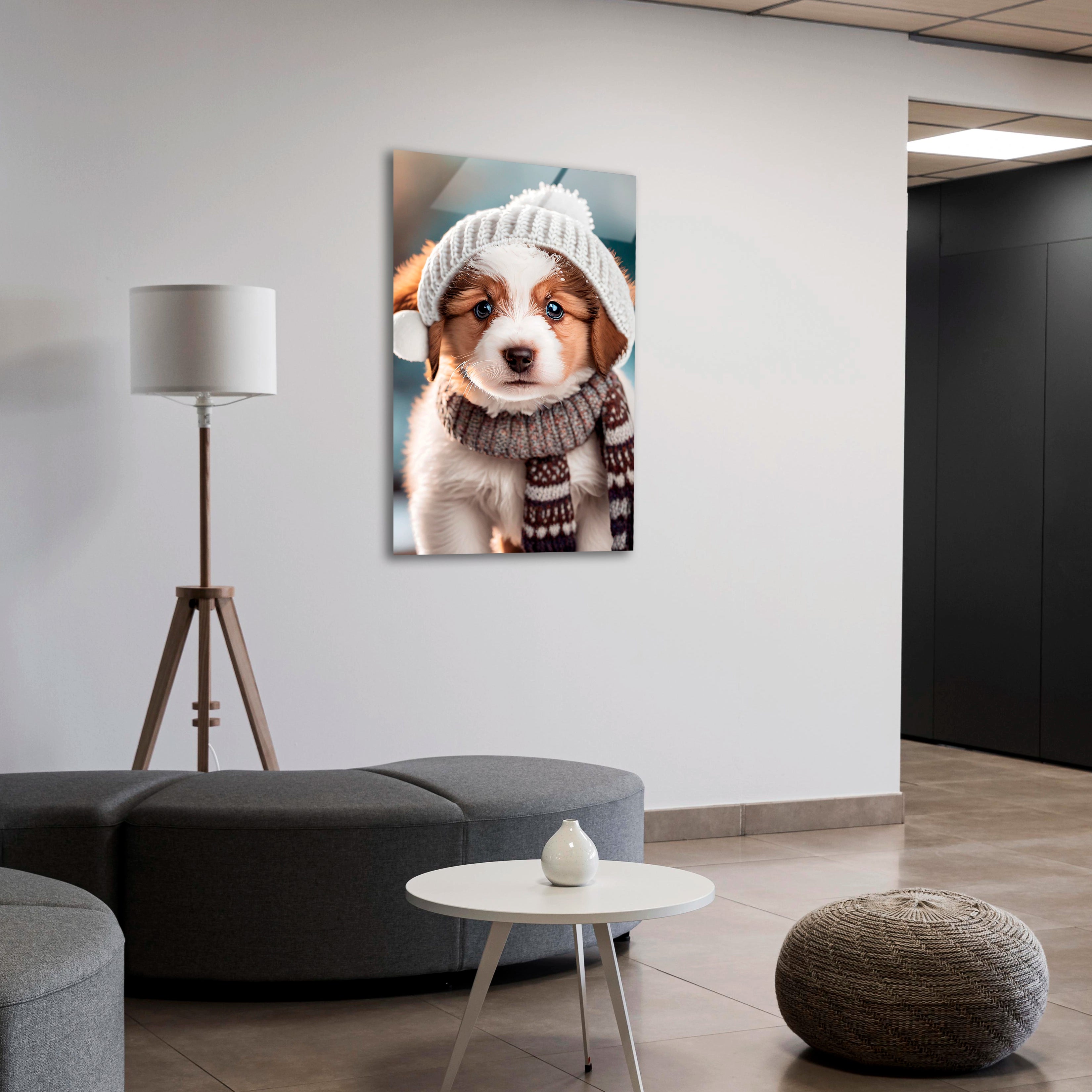 Cute Puppy Wearing a White Winter Hat, Sweater and Scarf
