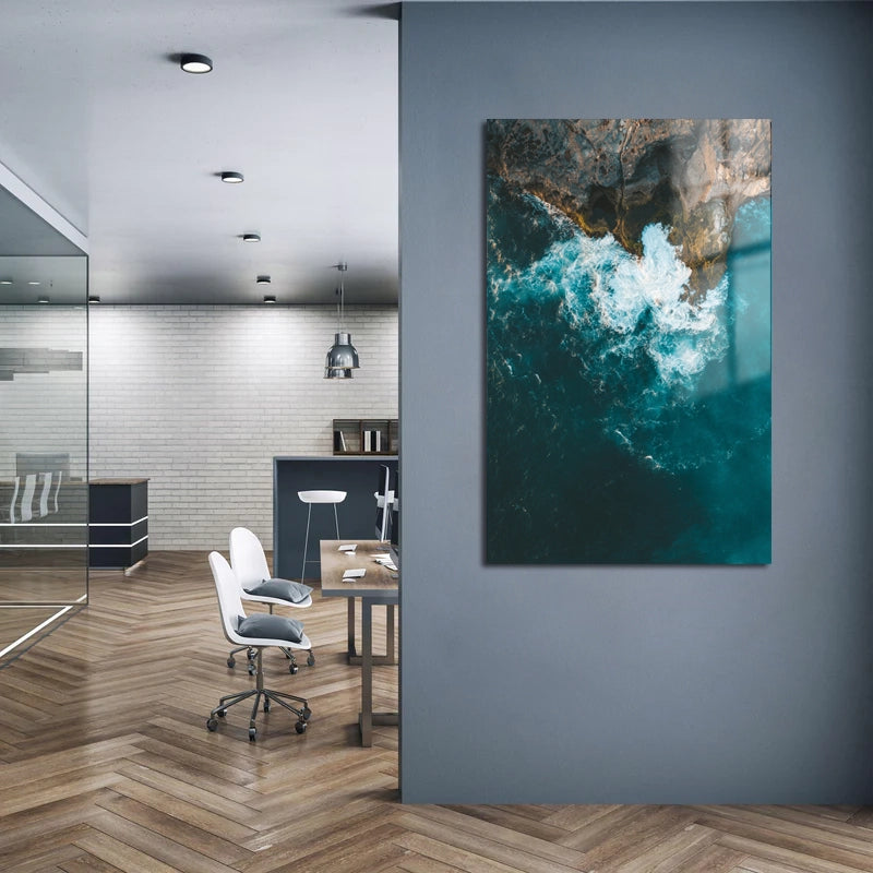 Vertical Aerial Shot Sea Waves Hitting Cliff