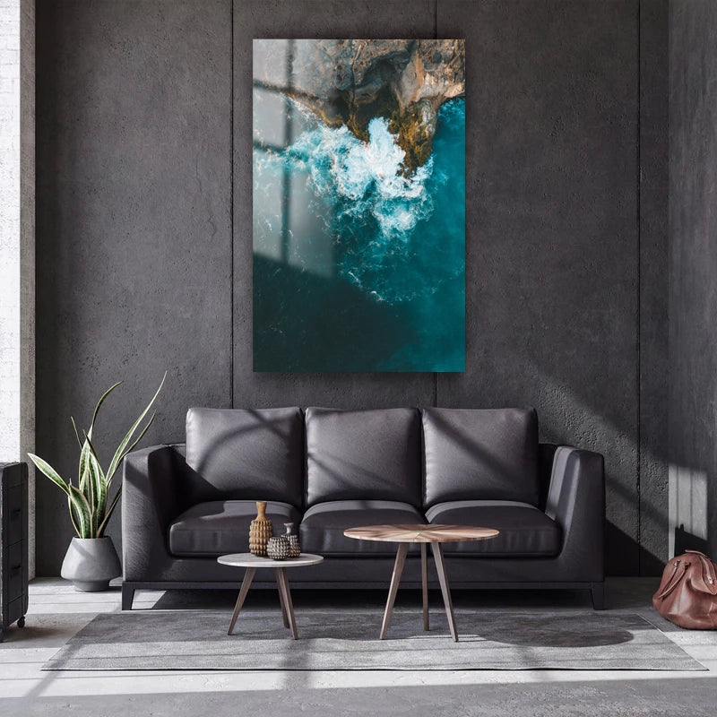 Vertical Aerial Shot Sea Waves Hitting Cliff