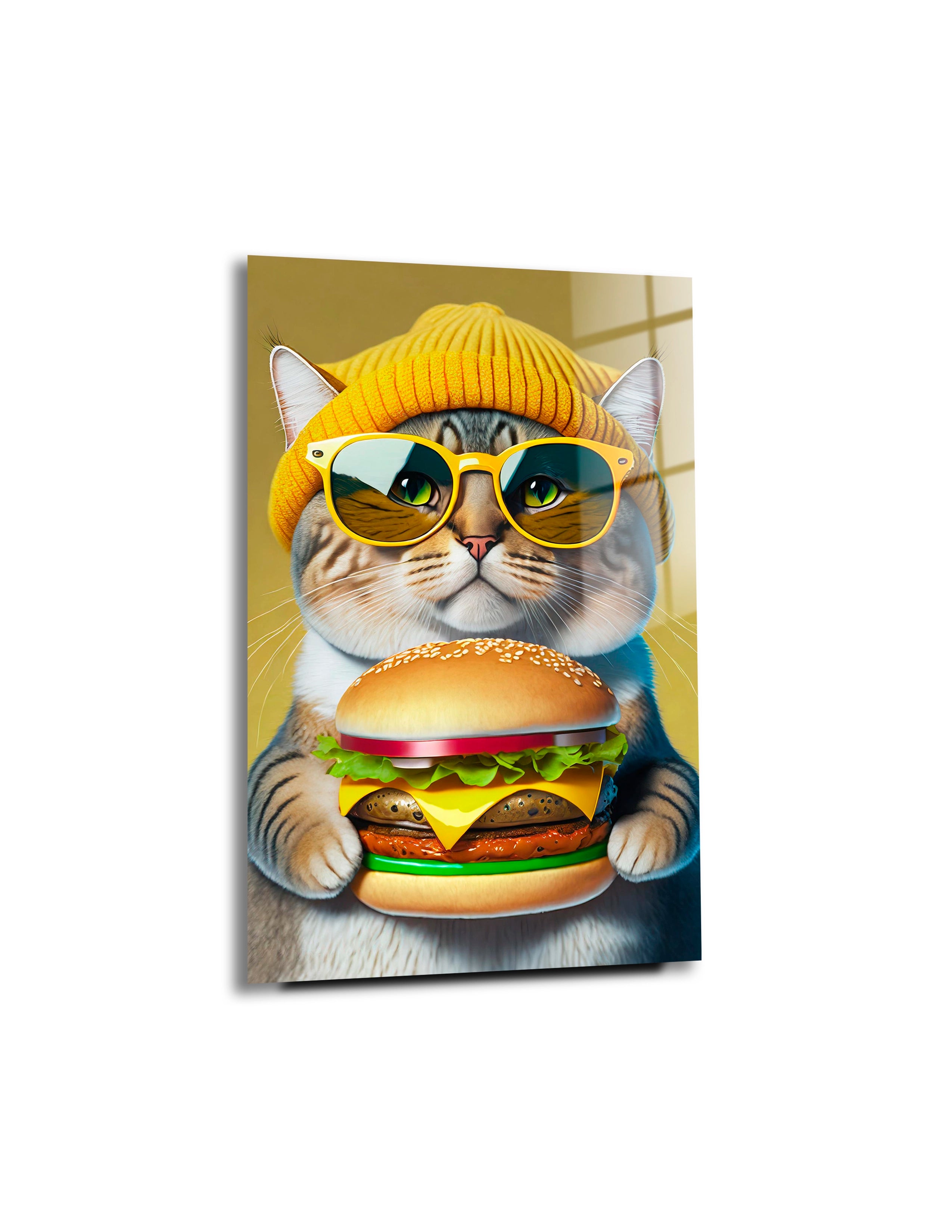 Cat Wearing a Yellow Beanie Wearing Sunglasses, Eating a Hamburger
