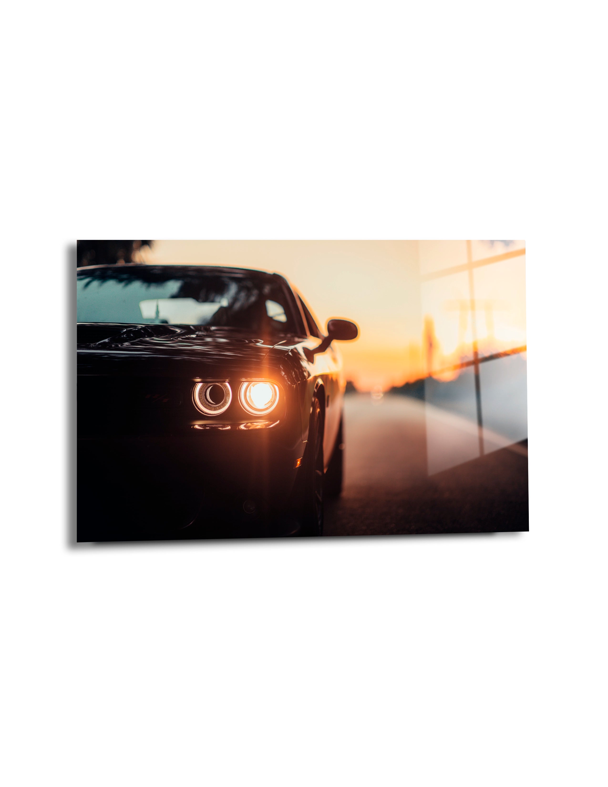 Car Parked Highway With Illuminated Headlight Sunset