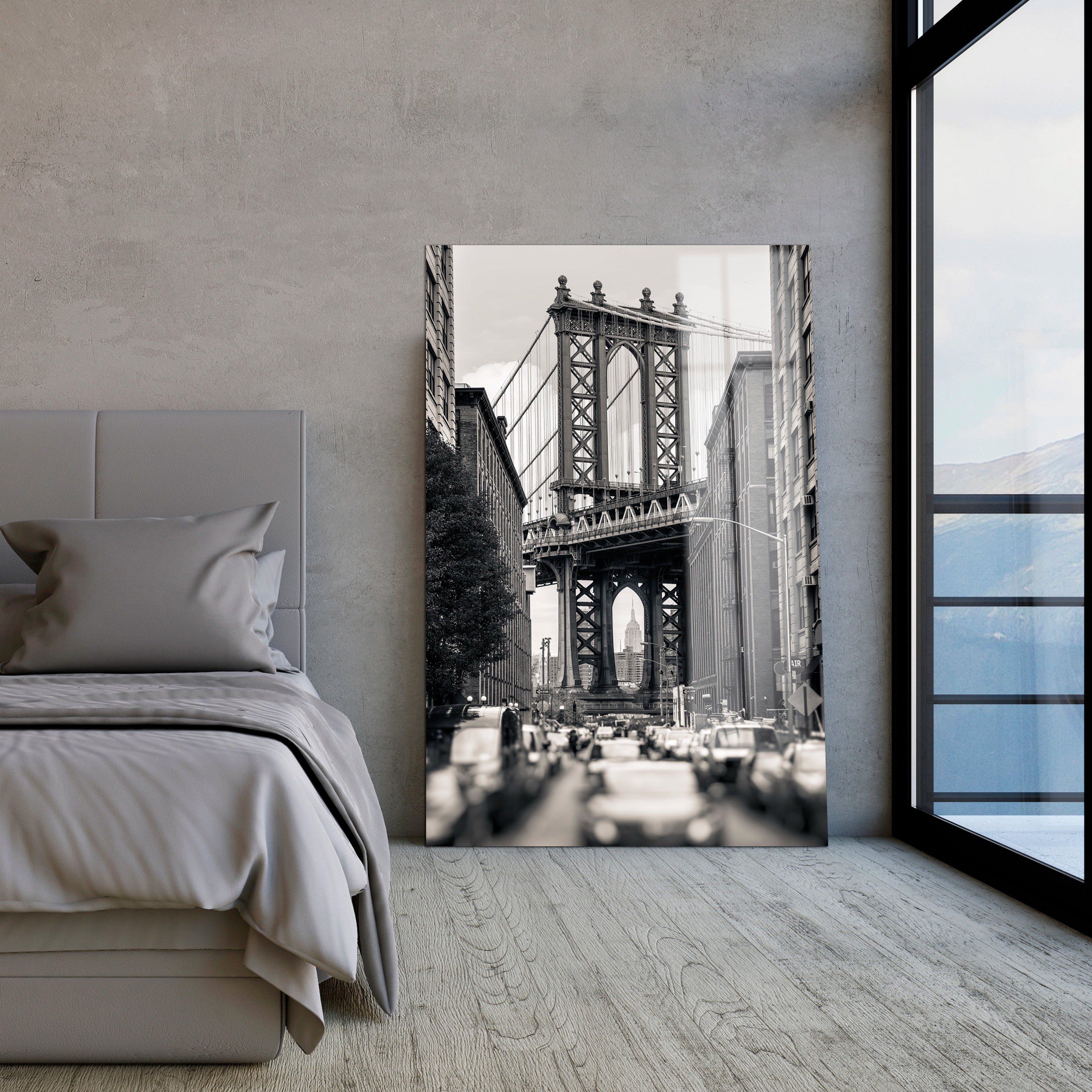 Manhattan Bridge Seen From Brooklyn New York Black White Image