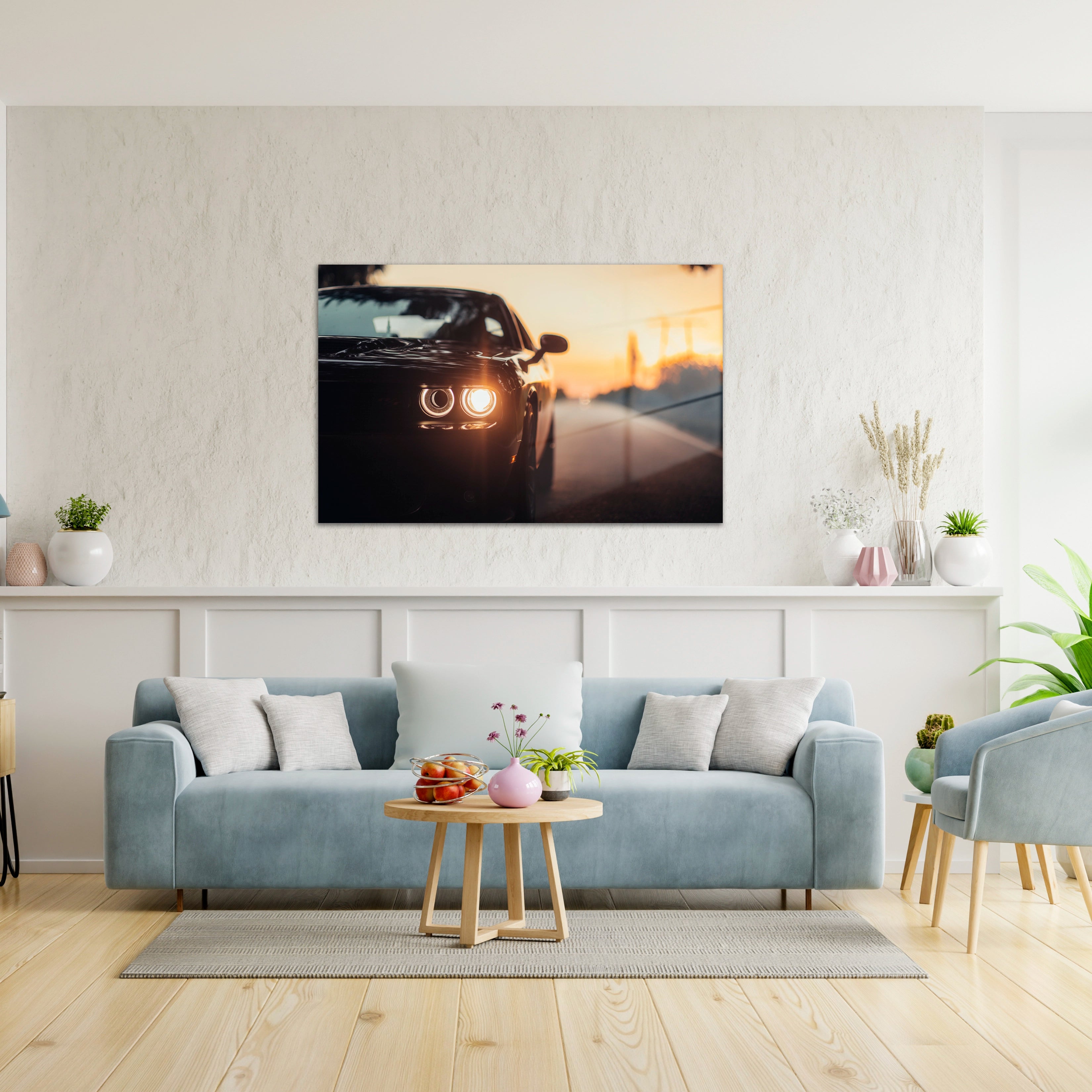 Car Parked Highway With Illuminated Headlight Sunset