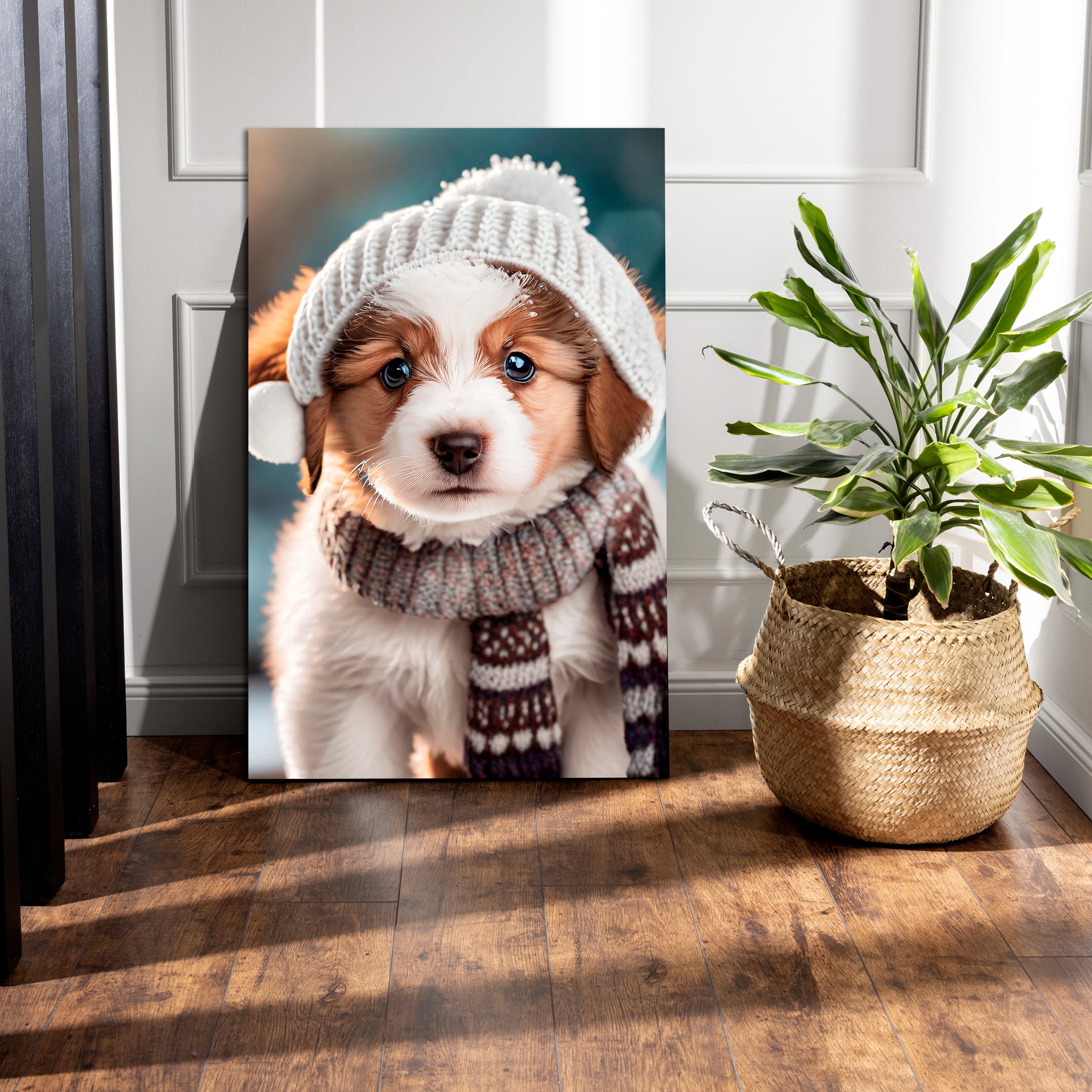 Cute Puppy Wearing a White Winter Hat, Sweater and Scarf